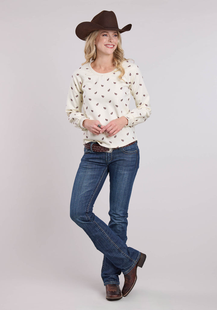 WOMENS LONG SLEEVE PULLOVER CREAM COTTON FLEECE SWEATSHIRT TOP WESTERN SHIRT