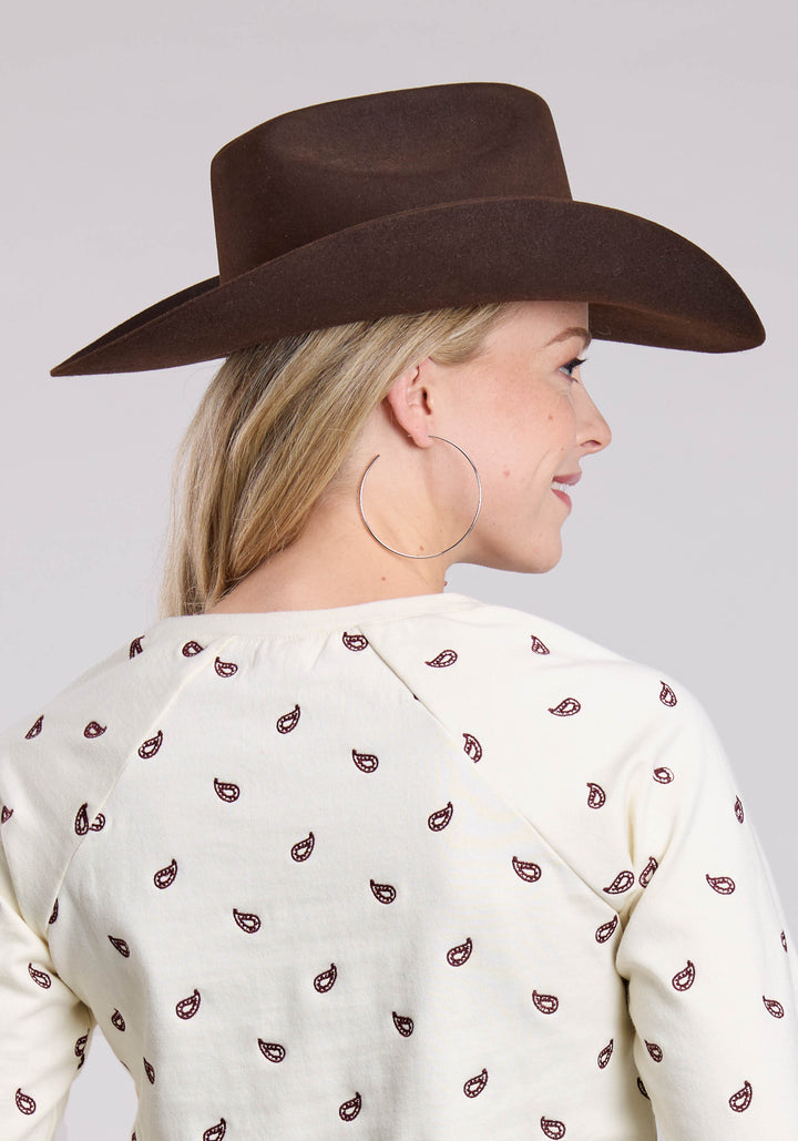 WOMENS LONG SLEEVE PULLOVER CREAM COTTON FLEECE SWEATSHIRT TOP WESTERN SHIRT