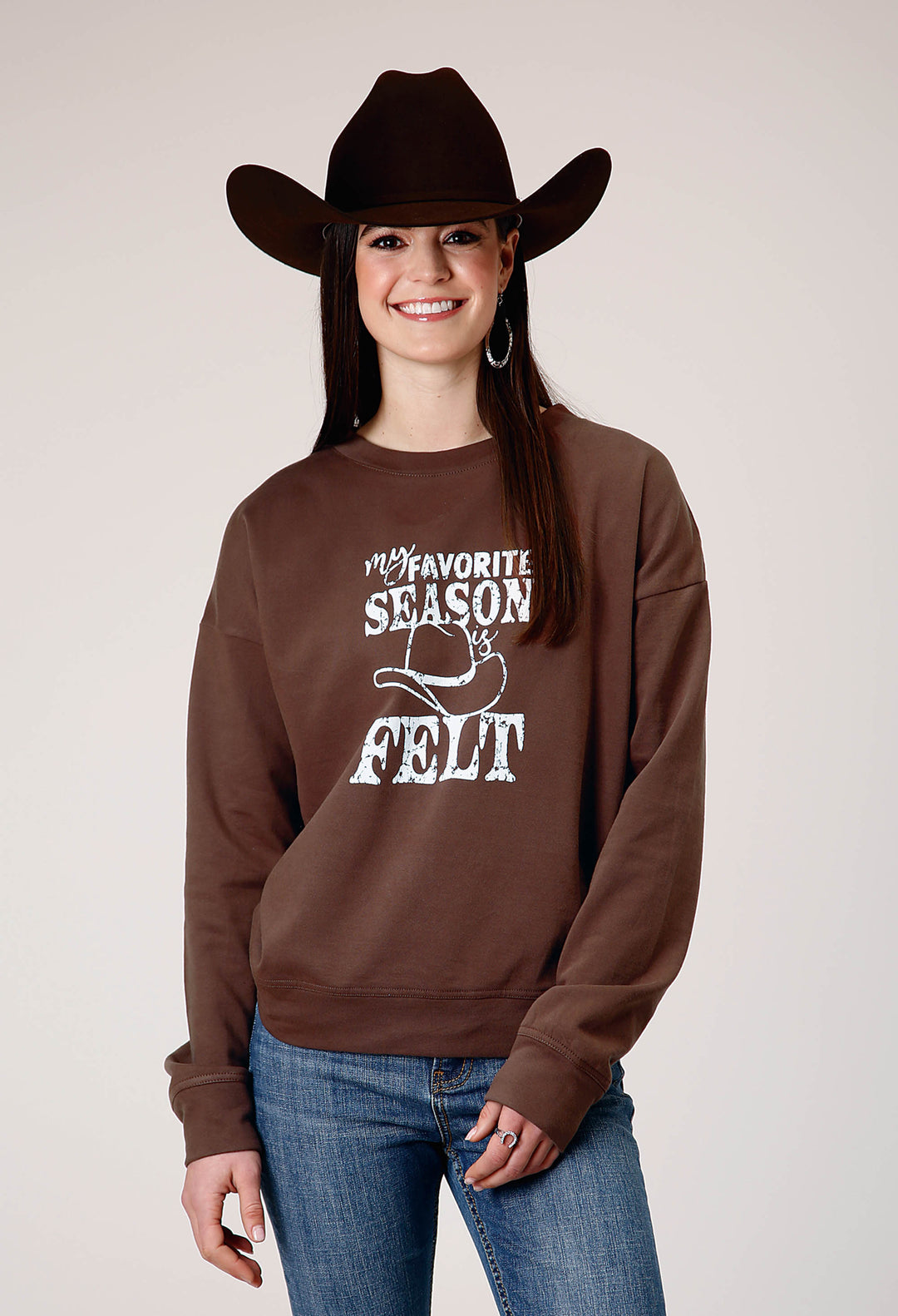 WOMENS LONG SLEEVE DARK BROWN COTTON FLEECE TOP WITH CREW NECK SCREEN PRINT DECORATION