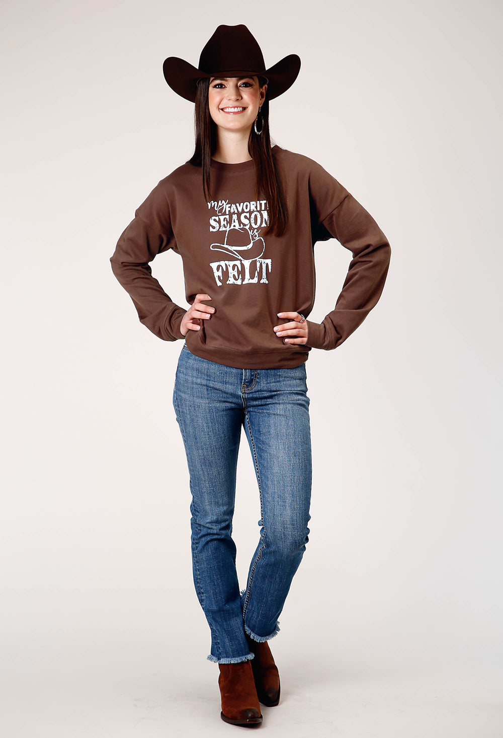WOMENS LONG SLEEVE DARK BROWN COTTON FLEECE TOP WITH CREW NECK SCREEN PRINT DECORATION