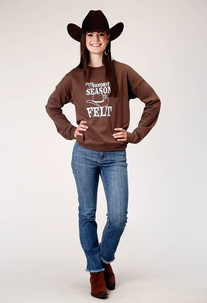 WOMENS LONG SLEEVE DARK BROWN COTTON FLEECE TOP WITH CREW NECK SCREEN PRINT DECORATION