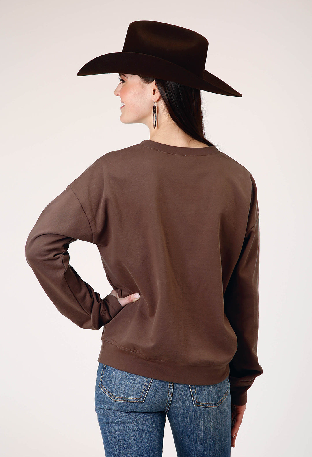 WOMENS LONG SLEEVE DARK BROWN COTTON FLEECE TOP WITH CREW NECK SCREEN PRINT DECORATION