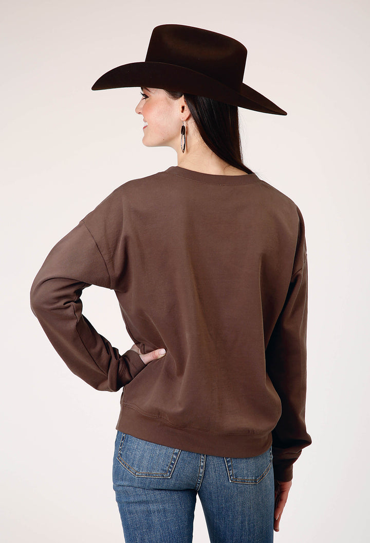WOMENS LONG SLEEVE DARK BROWN COTTON FLEECE TOP WITH CREW NECK SCREEN PRINT DECORATION