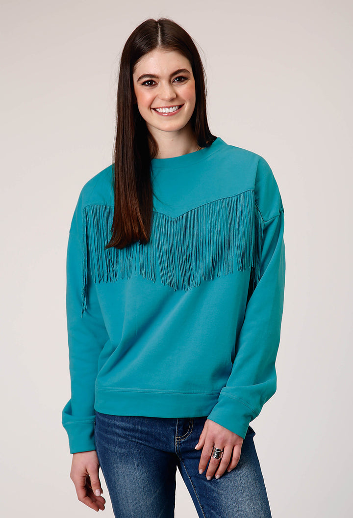 WOMENS LONG SLEEVE COTTON FLEECE CREW NECK TOP WITH MATCHING POLY FRINGE CENTER FRONT