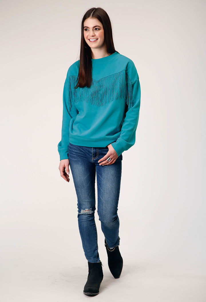 WOMENS LONG SLEEVE COTTON FLEECE CREW NECK TOP WITH MATCHING POLY FRINGE CENTER FRONT
