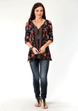 WOMENS BLACK GROUND FLORAL PRINT LONG SLEEVE KNIT TOP