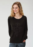 WOMENS BLACK SOLID WITH SCREEN PRINT LONG SLEEVE KNIT TOP