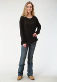 WOMENS BLACK SOLID WITH SCREEN PRINT LONG SLEEVE KNIT TOP