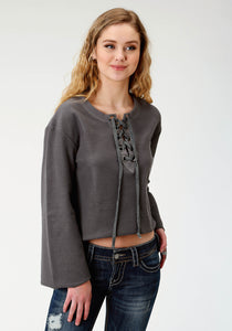 WOMENS GREY SOLID LONG SLEEVE KNIT TOP