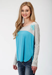 WOMENS GREY AND BLUE LONG SLEEVE KNIT TOP