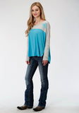 WOMENS GREY AND BLUE LONG SLEEVE KNIT TOP