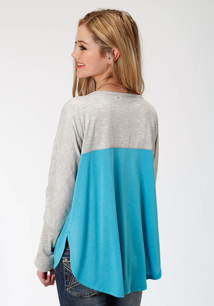 WOMENS GREY AND BLUE LONG SLEEVE KNIT TOP