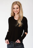 WOMENS BLACK SOLID LONG SLEEVE KNIT TOP