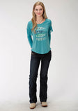WOMENS TRUQUOISE SOLID WITH FEATHER SCREEN PRINT LONG SLEEVE KNIT TOP