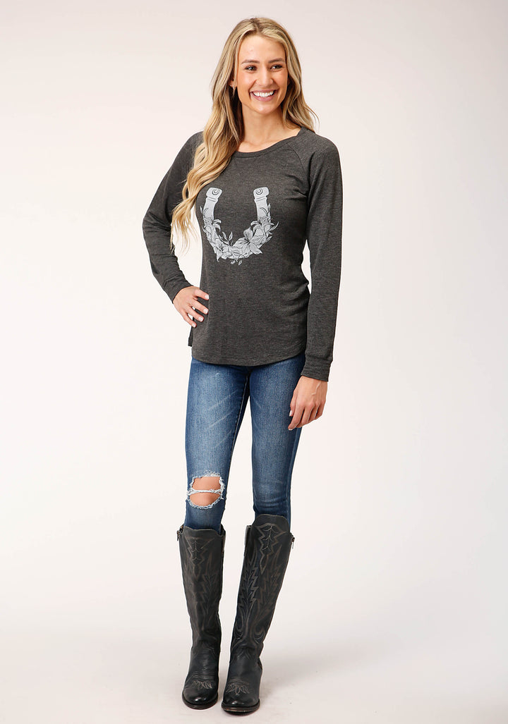 WOMENS LONG SLEEVE KNIT CHARCOAL HEAHTERED KNIT TOP