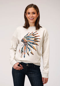 WOMENS LONG SLEEVE KNIT HEATHERED CREAM C P FLEECE SWEATSHIRT