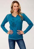 WOMENS LONG SLEEVE KNIT CTN POLY LONG SLEEVE HEATHERED TURQUOISE TOP
