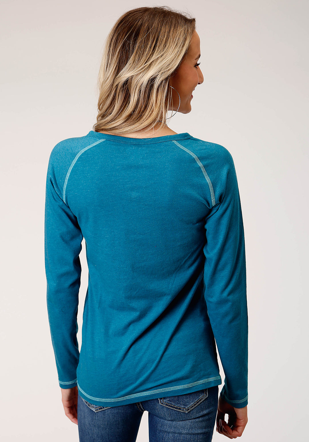 WOMENS LONG SLEEVE KNIT CTN POLY LONG SLEEVE HEATHERED TURQUOISE TOP