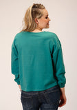WOMENS LONG SLEEVE KNIT SOLID TURQUOISE FRENCH TERRY TOP