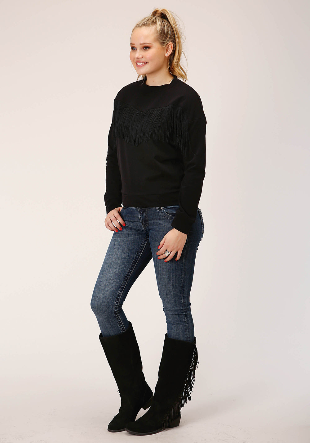 WOMENS LONG SLEEVE KNIT BLACK FRENCH TERRY  TOP