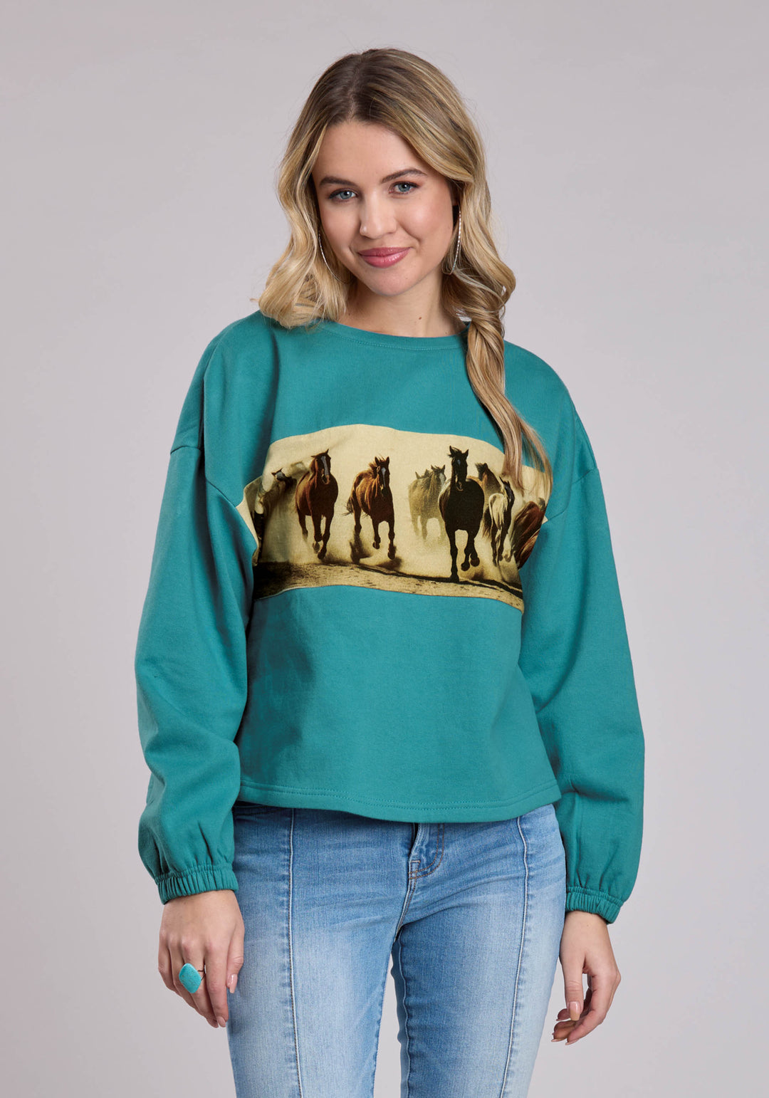 WOMENS LONG SLEEVE PULLOVER COTTON FLEECE CREW NECK PULLOVERR WESTERN SHIRT