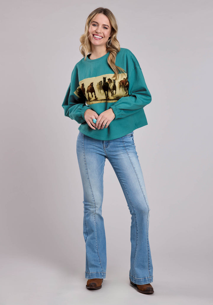 WOMENS LONG SLEEVE PULLOVER COTTON FLEECE CREW NECK PULLOVERR WESTERN SHIRT