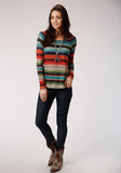 WOMENS TURQUOISE ORANGE AND BLACK STRIPE LONG SLEEVE KNIT TOP