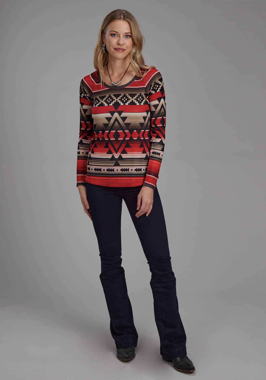 WOMENS SWEATER JERSEY SCOOP NECK TOP LONG SLEEVE PULLOVER WESTERN SHIRT