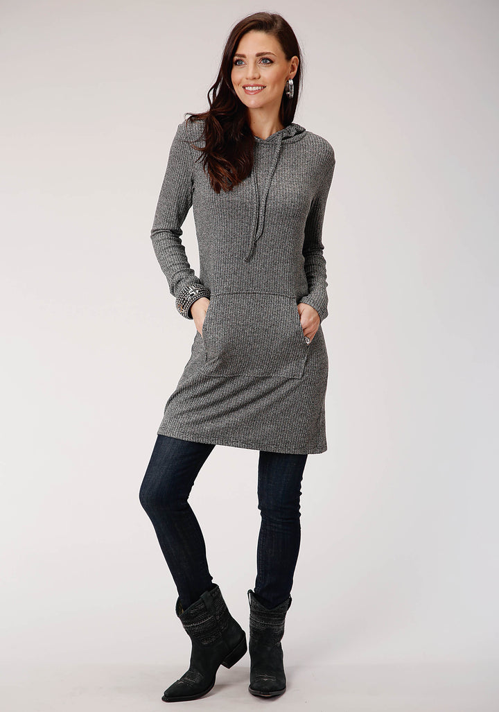 WOMENS RIB KNIT TUNIC LENGTH HOODIE LONG SLEEVE KNIT TOP