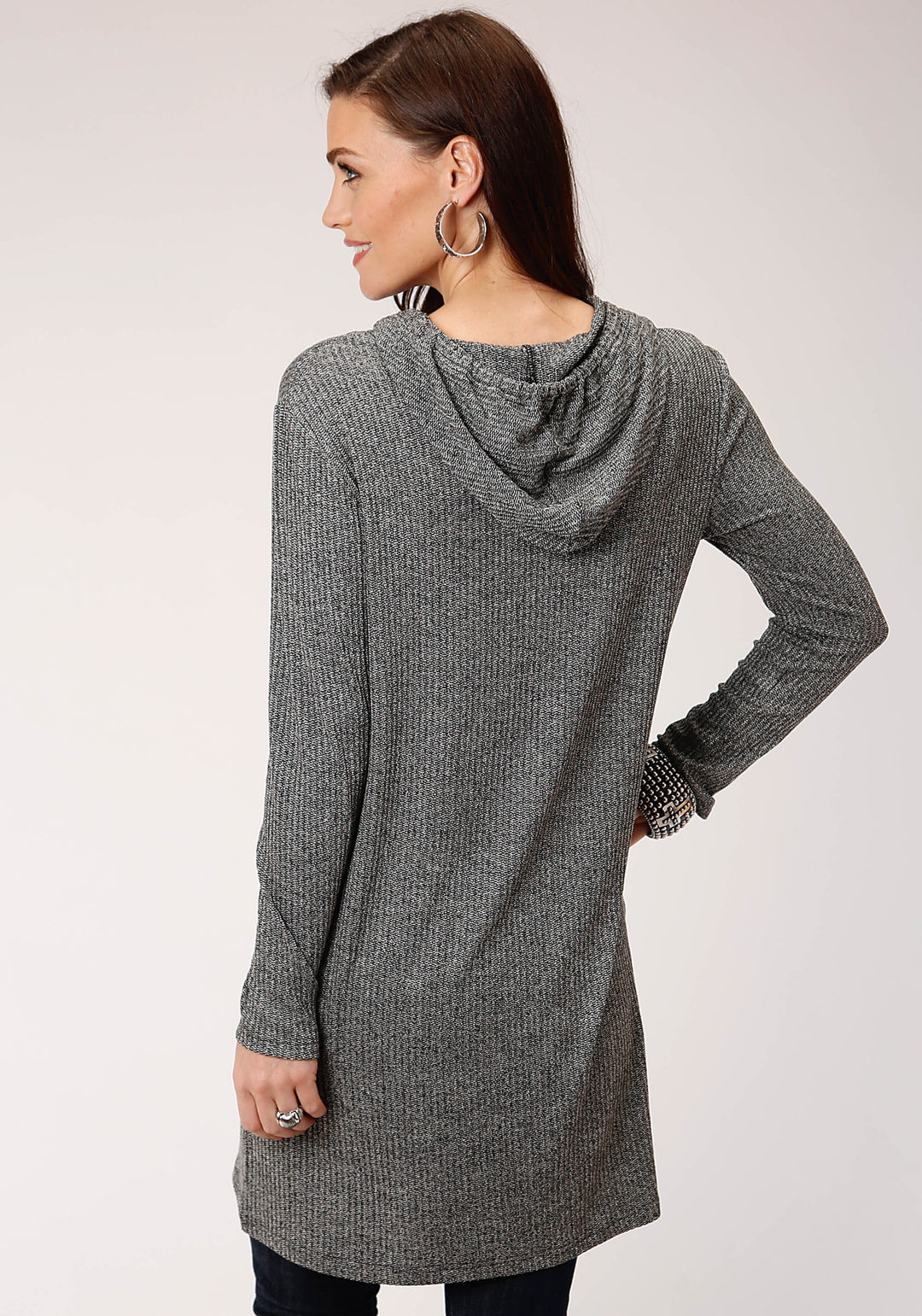 WOMENS RIB KNIT TUNIC LENGTH HOODIE LONG SLEEVE KNIT TOP