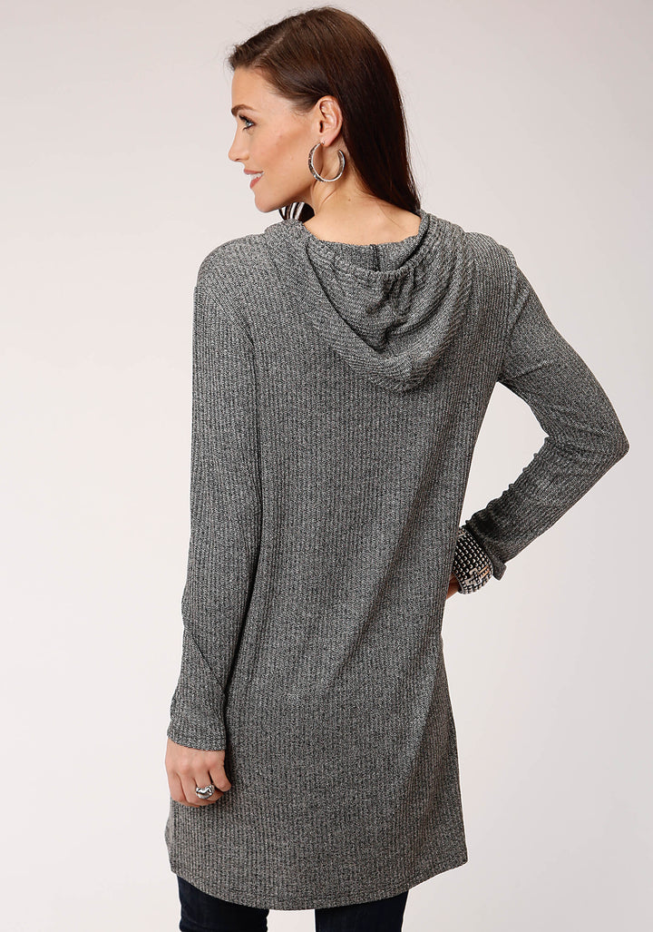 WOMENS RIB KNIT TUNIC LENGTH HOODIE LONG SLEEVE KNIT TOP