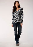 WOMENS GRAY BLACK AND WHITE LEOPARD PRINT LONG SLEEVE KNIT TOP