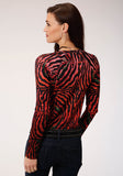 WOMENS RED BLACK AND GRAY ABSTRACT ANIMAL PRINT LONG SLEEVE KNIT TOP