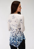 WOMENS WHITE AND BLUE FLORAL PRINT LONG SLEEVE KNIT TOP