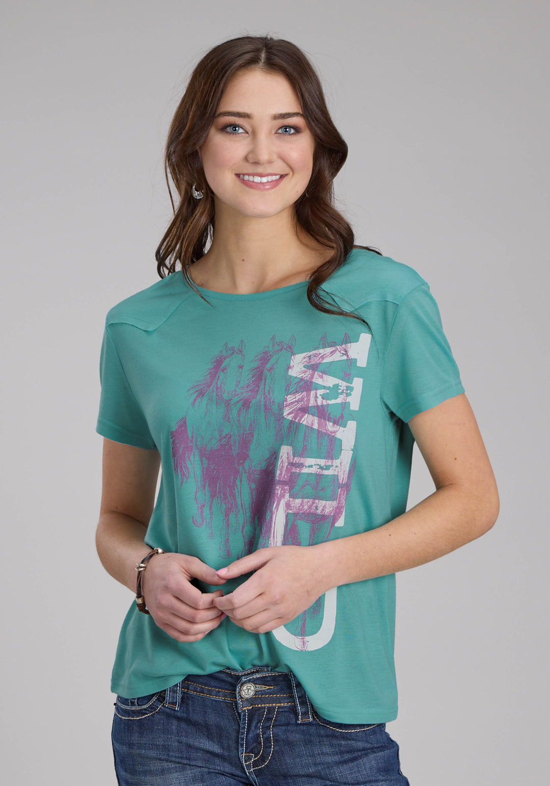WOMENS POLY RAYON JERSEY TEE WITH FRT YOKES SHORT SLEEVE PULLOVER WESTERN SHIRT