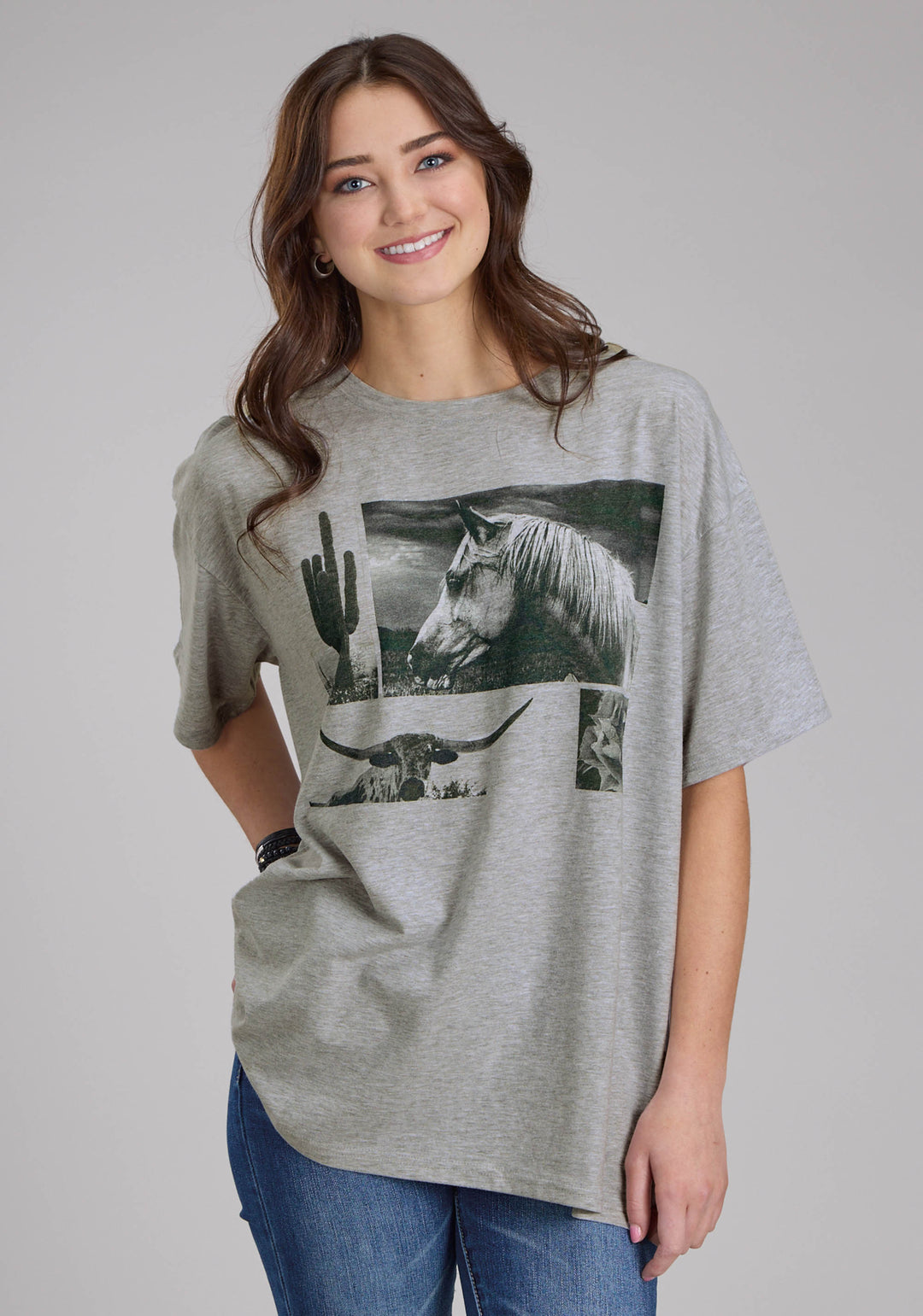 WOMENS HEATHER GRAY JERSEY KNIT TEE SHORT SLEEVE PULLOVER WESTERN SHIRT