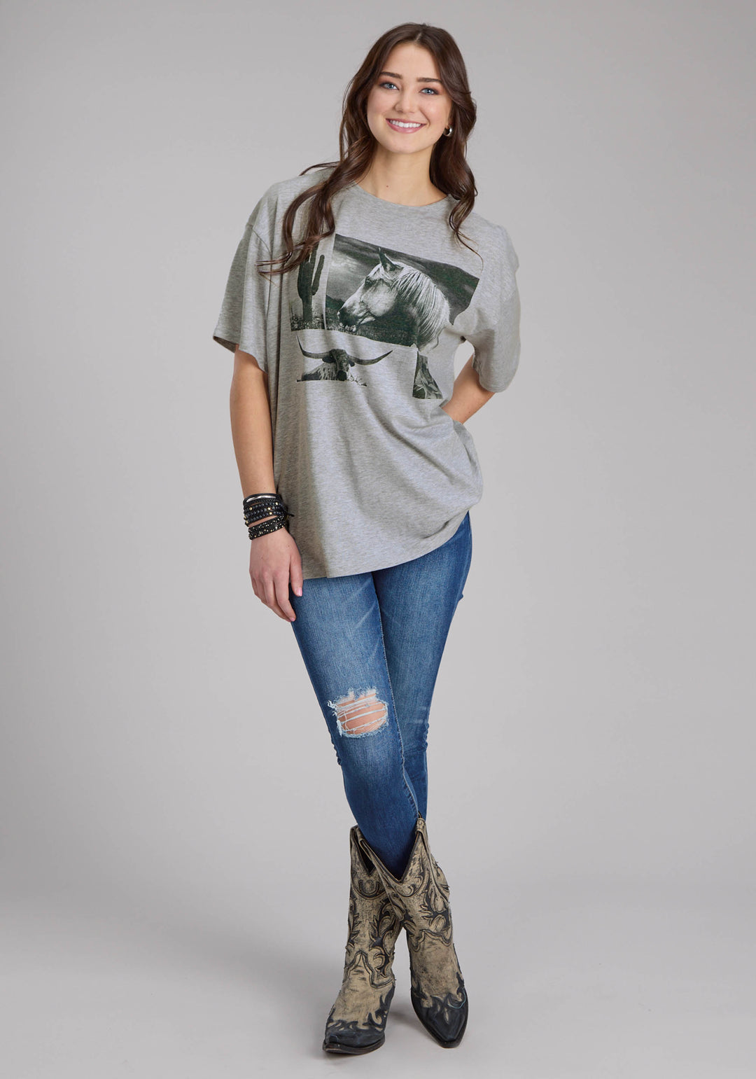 WOMENS HEATHER GRAY JERSEY KNIT TEE SHORT SLEEVE PULLOVER WESTERN SHIRT