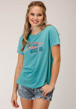 WOMENS SHORT SLEEVE KNIT TURQUOISE POLY RAYON SHORT SLEEVE  TEE TOP
