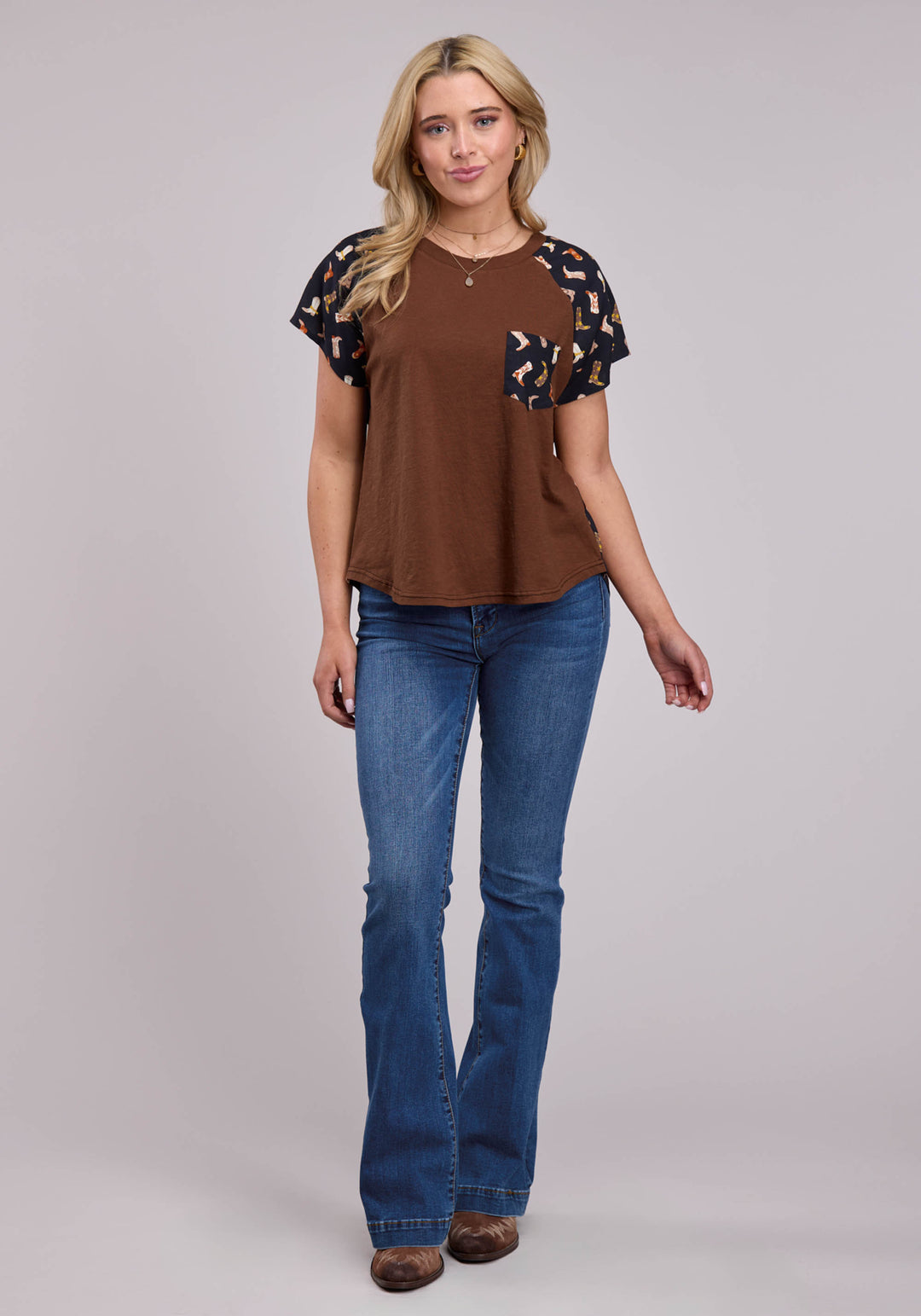 WOMENS SHORT SLEEVE PULLOVER SS COMBO FABRIC TEE SHIRTR WESTERN SHIRT