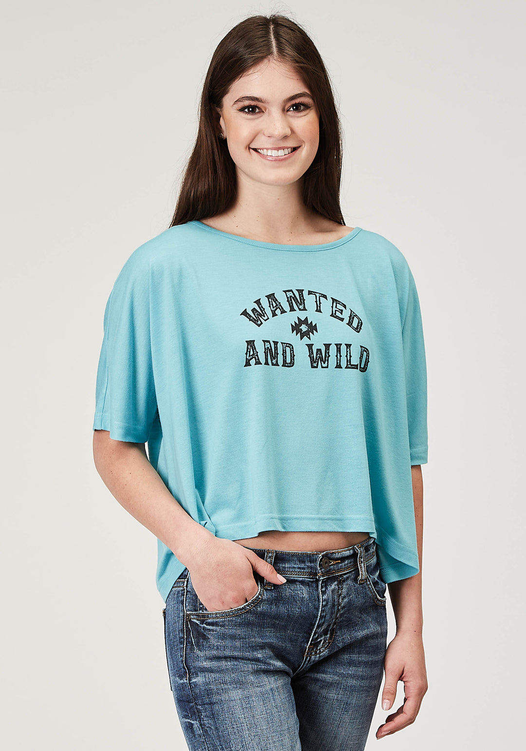 WOMENS SHORT SLEEVE LIGHT BLUE POLY RAYON CROP SWING TEE WITH OVERSIZED FIT DOLMAN SLEEVE SCREEN PRINT