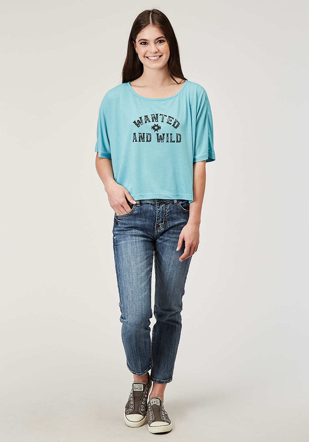 WOMENS SHORT SLEEVE LIGHT BLUE POLY RAYON CROP SWING TEE WITH OVERSIZED FIT DOLMAN SLEEVE SCREEN PRINT