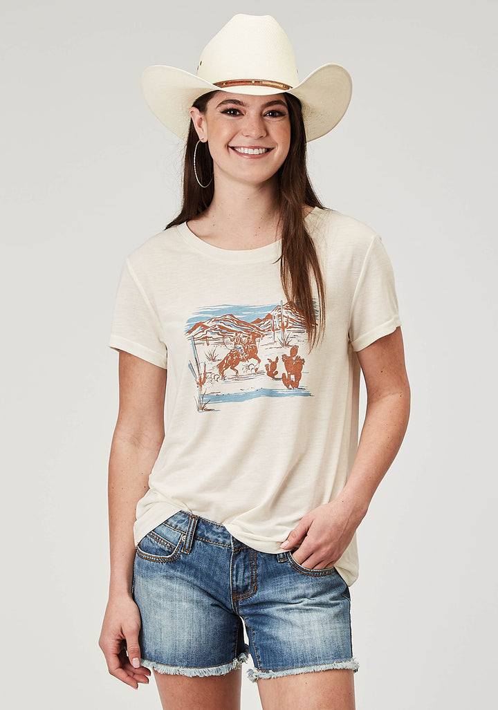 WOMENS SHORT SLEEVE CREAM POLY RAYON TEE WITH SCREEN PRINT DECORATION