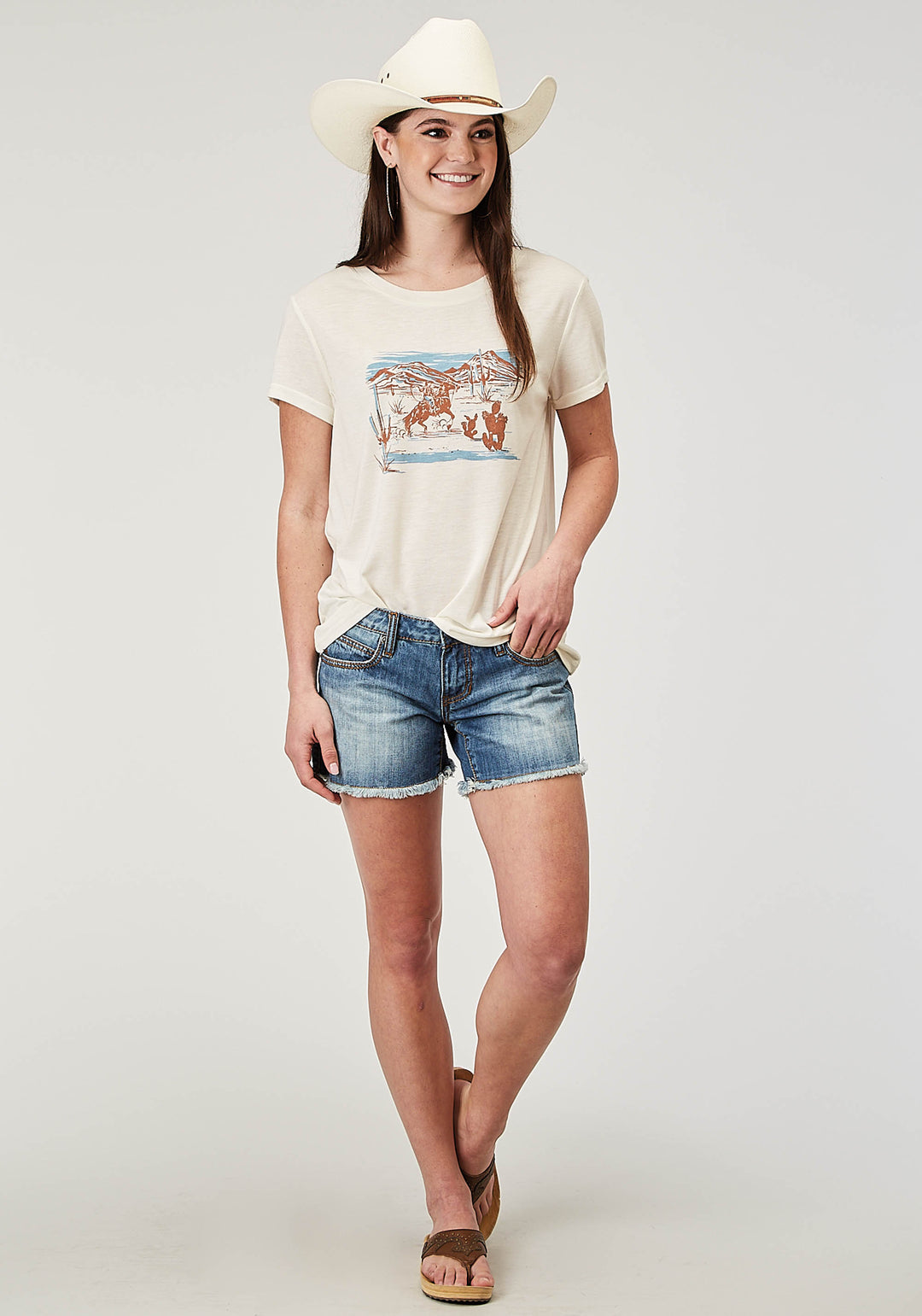 WOMENS SHORT SLEEVE CREAM POLY RAYON TEE WITH SCREEN PRINT DECORATION