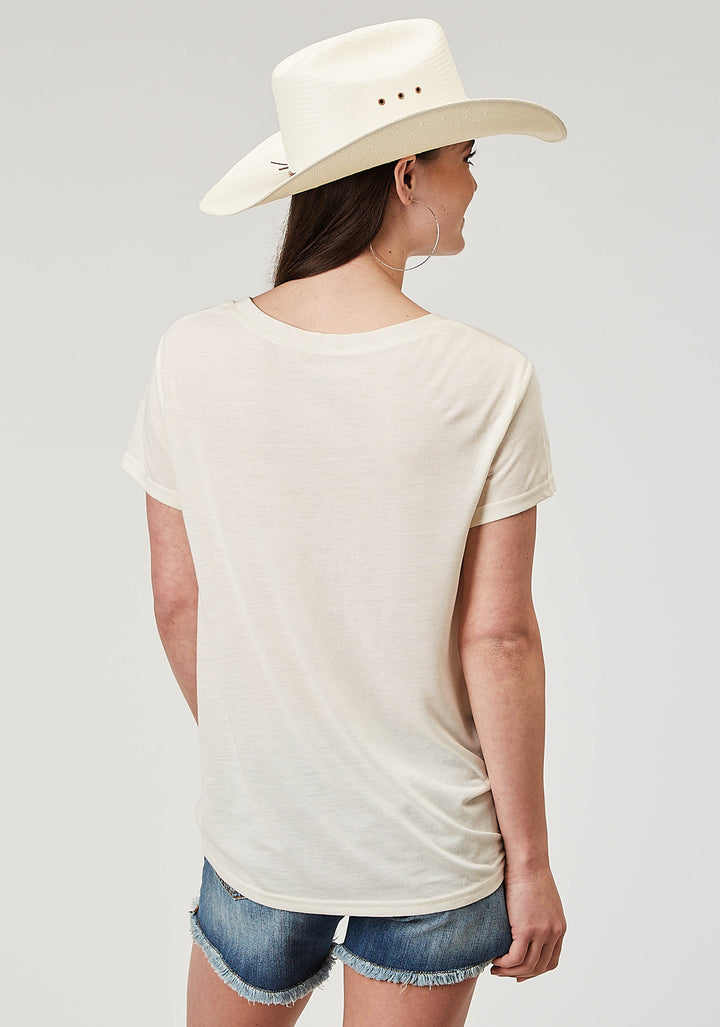 WOMENS SHORT SLEEVE CREAM POLY RAYON TEE WITH SCREEN PRINT DECORATION