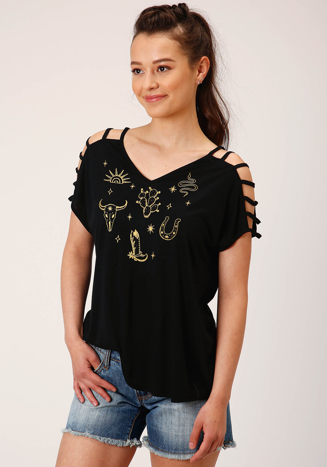 WOMENS SHORT SLEEVE KNIT POLY RAYON JERSEY S S COLD SHOULDER TEE TOP