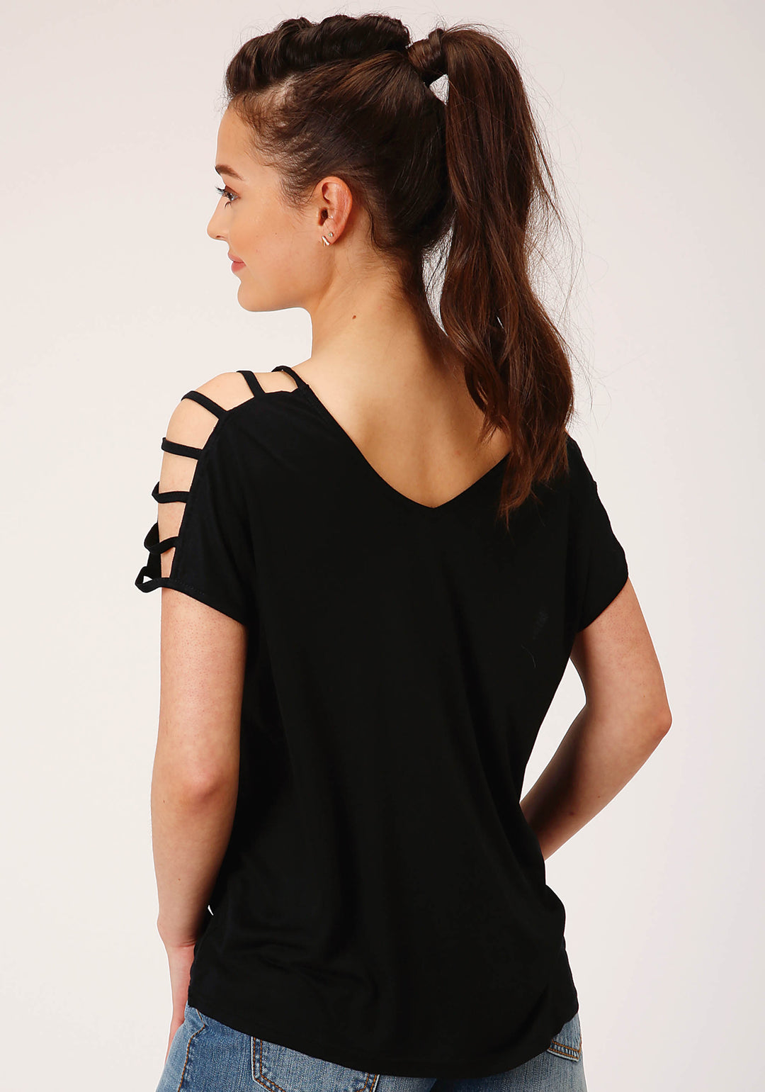 WOMENS SHORT SLEEVE KNIT POLY RAYON JERSEY S S COLD SHOULDER TEE TOP