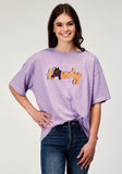 WOMENS SHORT SLEEVE LILAC COTTON JERSEY SLUB TEE WITH OVERSIZED SCREEN PRINT DECORATION