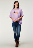 WOMENS SHORT SLEEVE LILAC COTTON JERSEY SLUB TEE WITH OVERSIZED SCREEN PRINT DECORATION