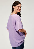 WOMENS SHORT SLEEVE LILAC COTTON JERSEY SLUB TEE WITH OVERSIZED SCREEN PRINT DECORATION