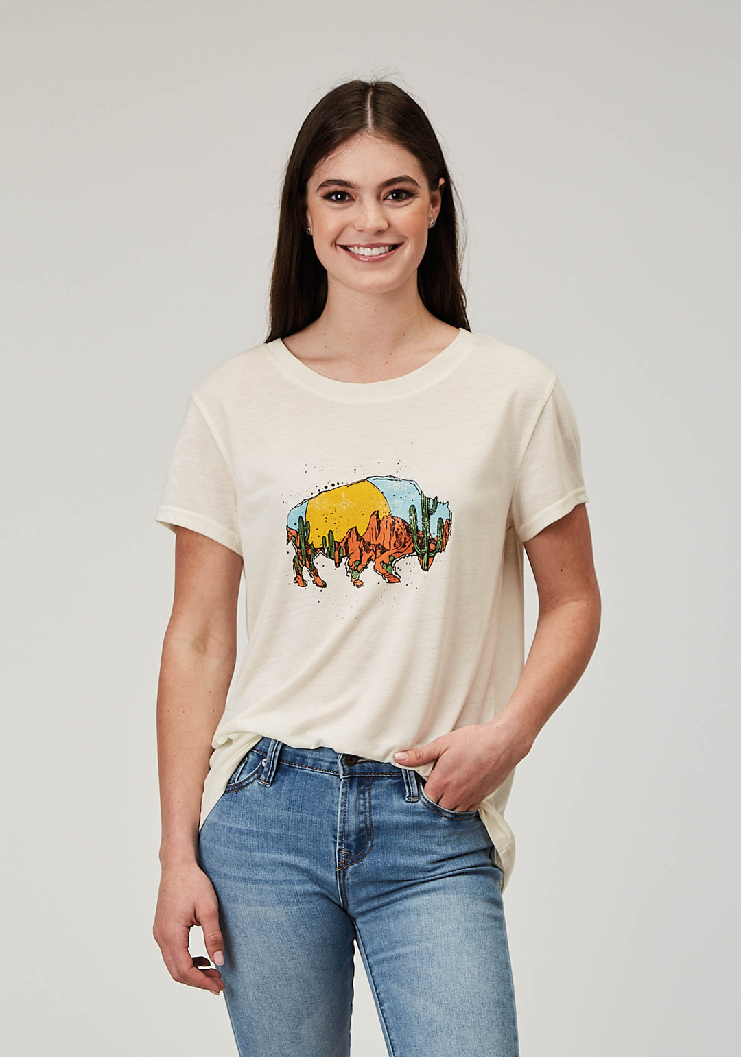 WOMENS SHORT SLEEVE CREAM POLY RAYON TEE WITH SCREEN PRINT DECORATION